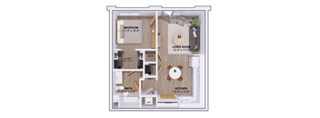A floor plan of a small apartment with a bedroom, living room, kitchen, bathroom, and closet.