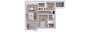 A floor plan of a small apartment with a kitchen, living room, dining area, bedroom, bathroom, and porch.