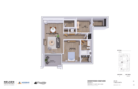 A floor plan of a one bedroom apartment with a living room, kitchen, and bathroom.