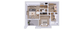 A floor plan of a house showing a kitchen, living room, dining room, bathroom, bedroom, and porch.