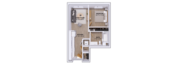 A floor plan of a small apartment with a living room, kitchen, bathroom, and bedroom.