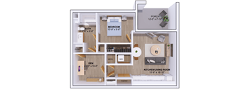 A floor plan of a small apartment with a kitchen, living room, and two bedrooms.