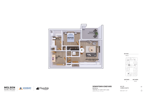 A floor plan of a one bedroom apartment with a kitchen and bathroom.