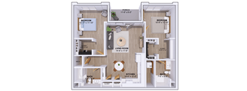 A floor plan of a house with a living room, two bedrooms, a bathroom, a kitchen, a pantry, a closet, and a porch.