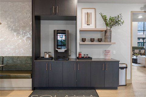 A modern kitchen with a black countertop and cabinets.
