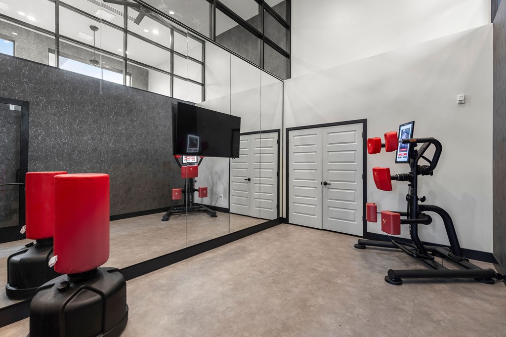 A gym with a variety of equipment including a treadmill, weights, and a television.