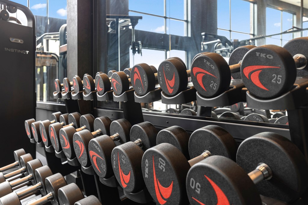 A rack of black and red dumbbells in a gym.