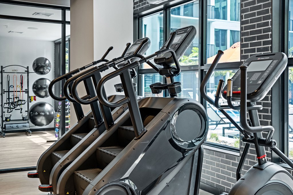 A row of treadmills in a gym.