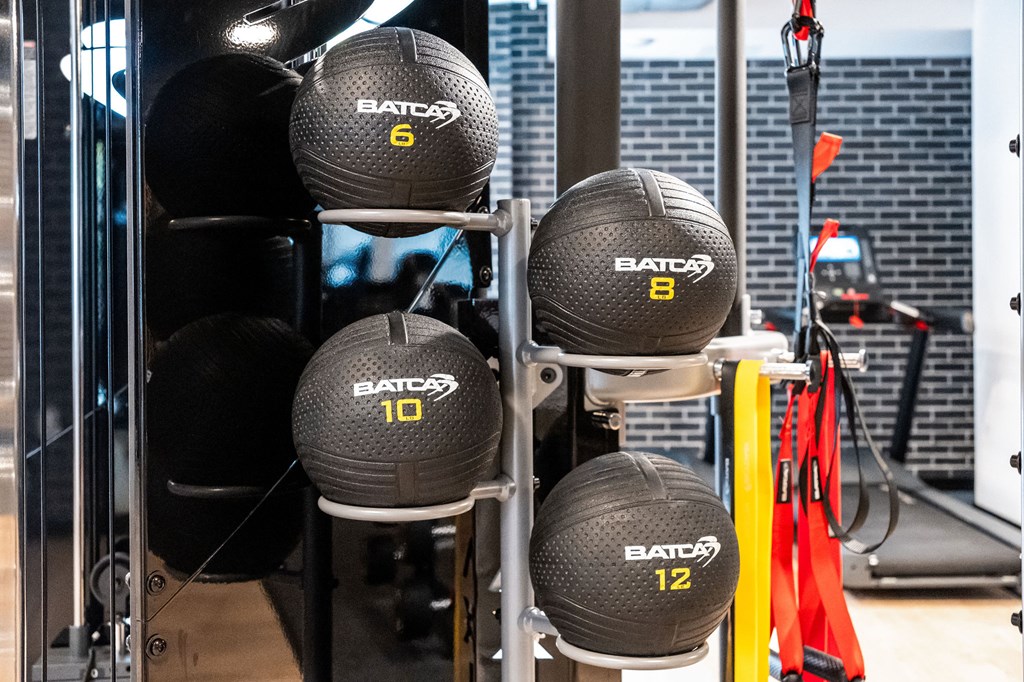 A set of BATC branded medicine balls are on a rack in a gym.