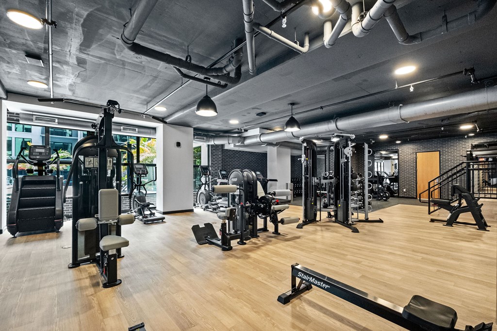 A gym with a variety of equipment including a squat rack, bench, and weights.