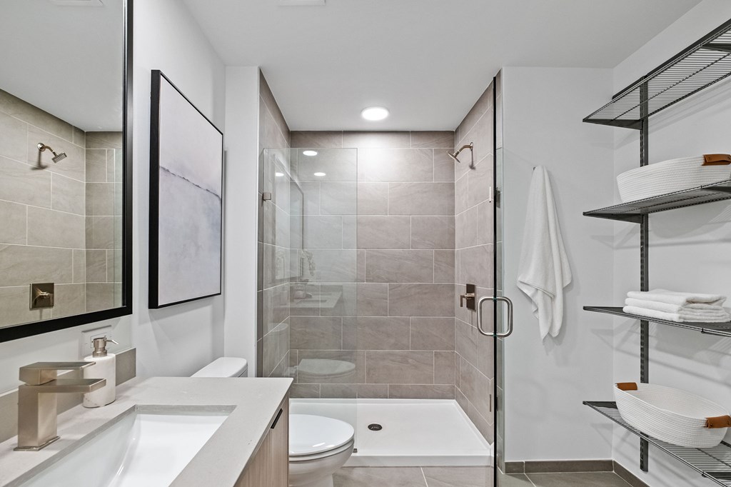 A modern bathroom with a walk-in shower and a toilet.