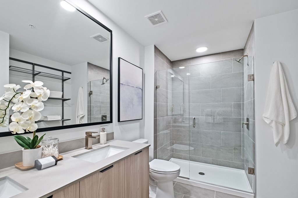 A modern bathroom with a walk-in shower and a toilet.