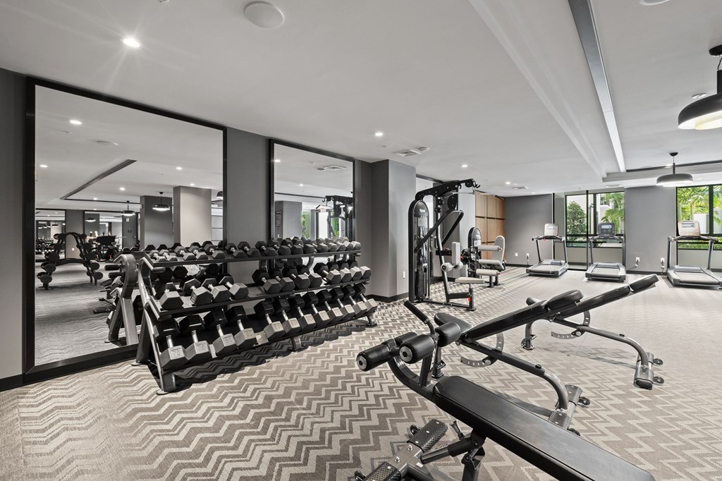 A gym with a row of treadmills and a row of stationary bikes.