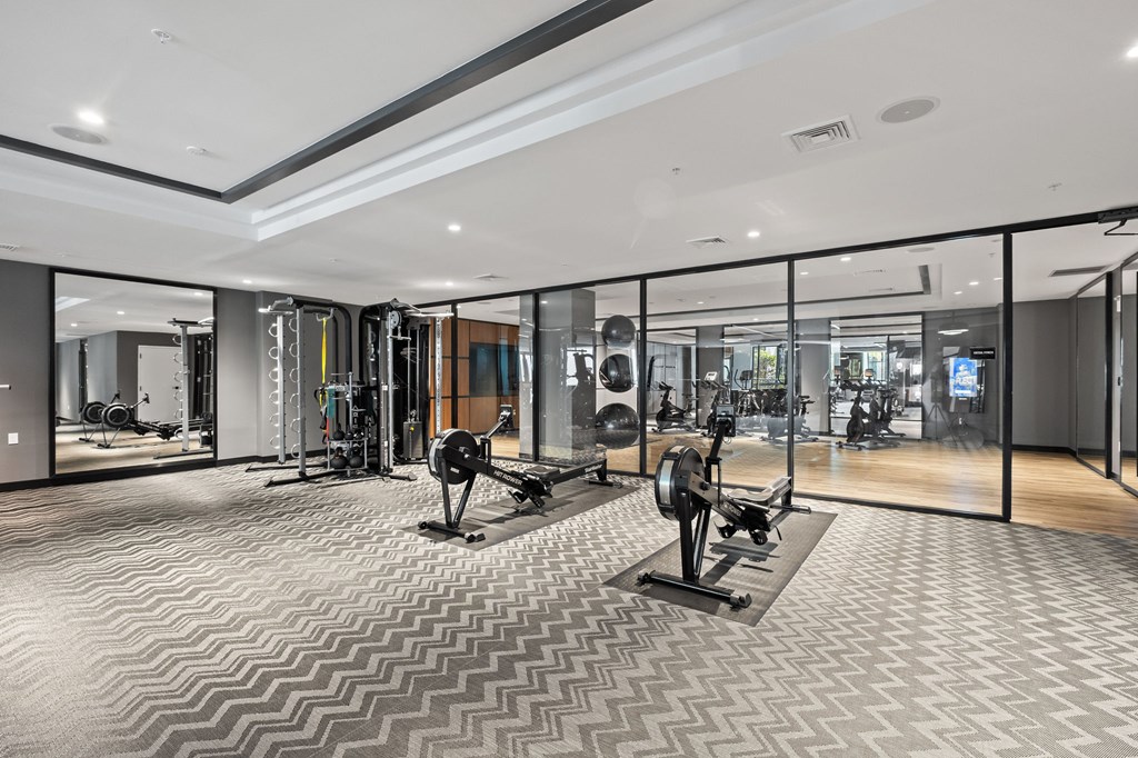 A spacious gym with a variety of equipment.