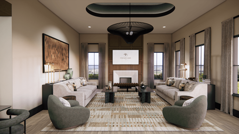 A modern living room with a fireplace and a large painting on the wall.