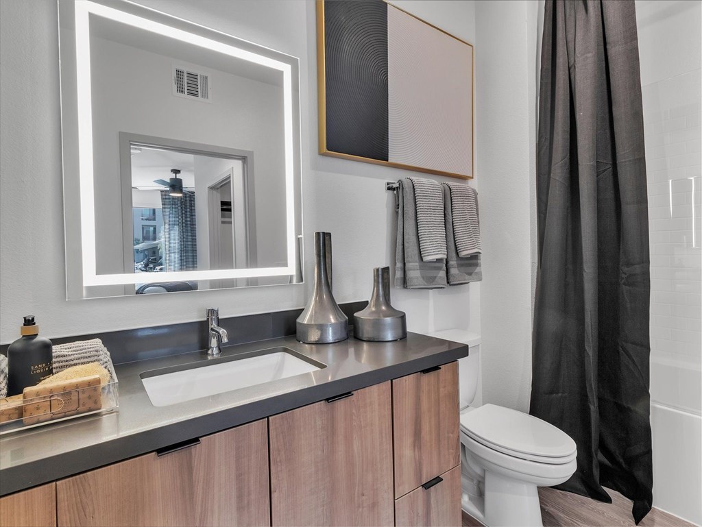 A bathroom with a white toilet, a sink, and a mirror.