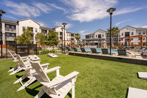 A sunny day at the outdoor seating area of a resort.