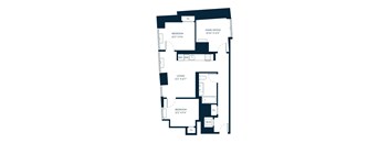 A floor plan of a home with a living room, two bedrooms, a home office, and a reference wall.