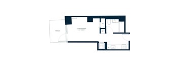 A floor plan of a living/sleeping area with a terrace.