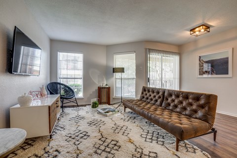 A living room with a brown leather couch and a patterned rug.