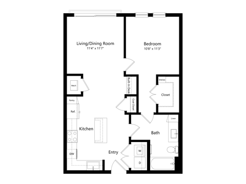 A floor plan of a small apartment with a living/dining room, kitchen, bath, and bedroom.