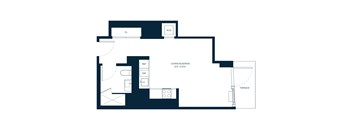 A floor plan of a living/sleeping area with a terrace.