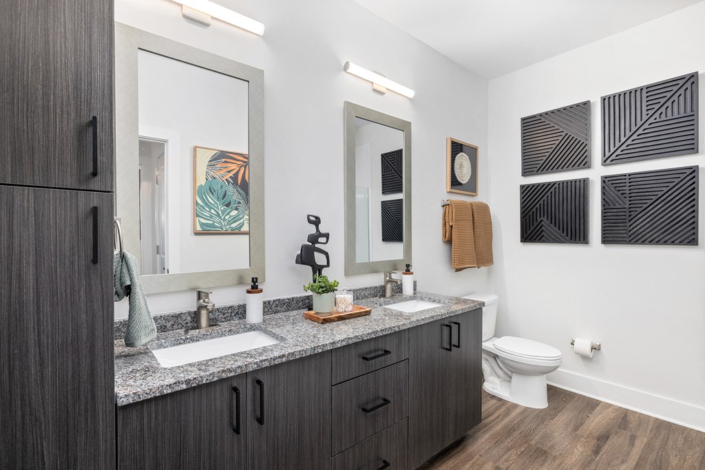 a bathroom with two sinks and a mirror