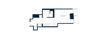 A floor plan of a house with a living/sleeping area, terrace, and a kitchen.