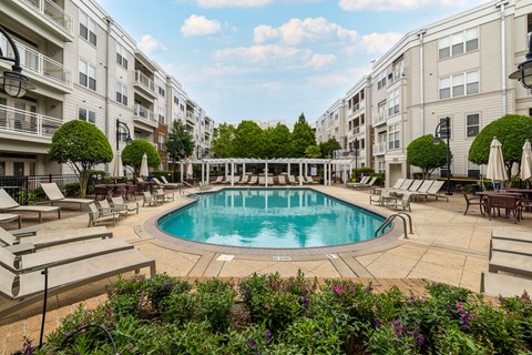 Image of pool and courtyard with pergola at Oberlin Court Apartments, Apartments, Raleigh, NC