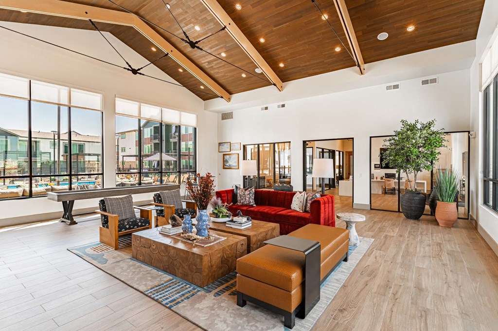 Clubhouse with large windows and high ceilings