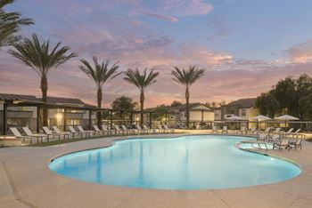 A large swimming pool surrounded by palm trees and lounge chairs.