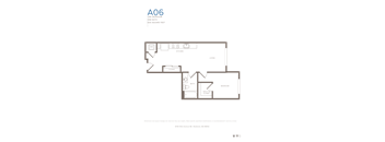 A floor plan of a one bedroom apartment with a kitchen, living room, and bathroom.