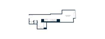 A floor plan of a room with a living and sleeping area.