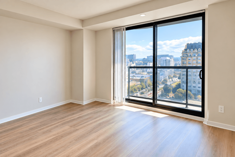 A large, empty room with a view of the city through the windows.