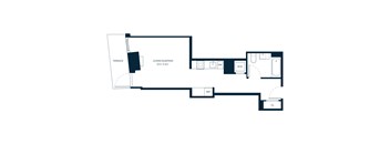 A floor plan of a room with a terrace, living/sleeping area, and a bathroom.