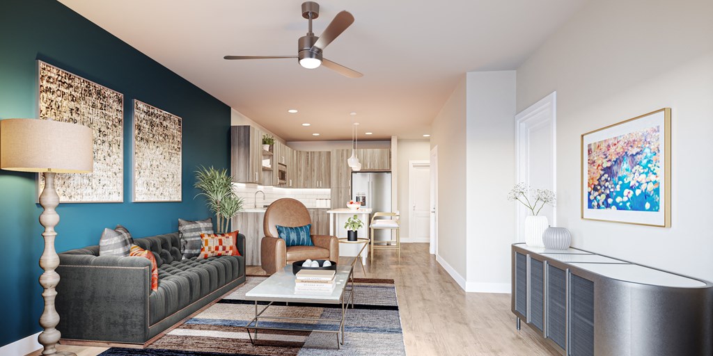 a rendering of a living room with a blue accent wall