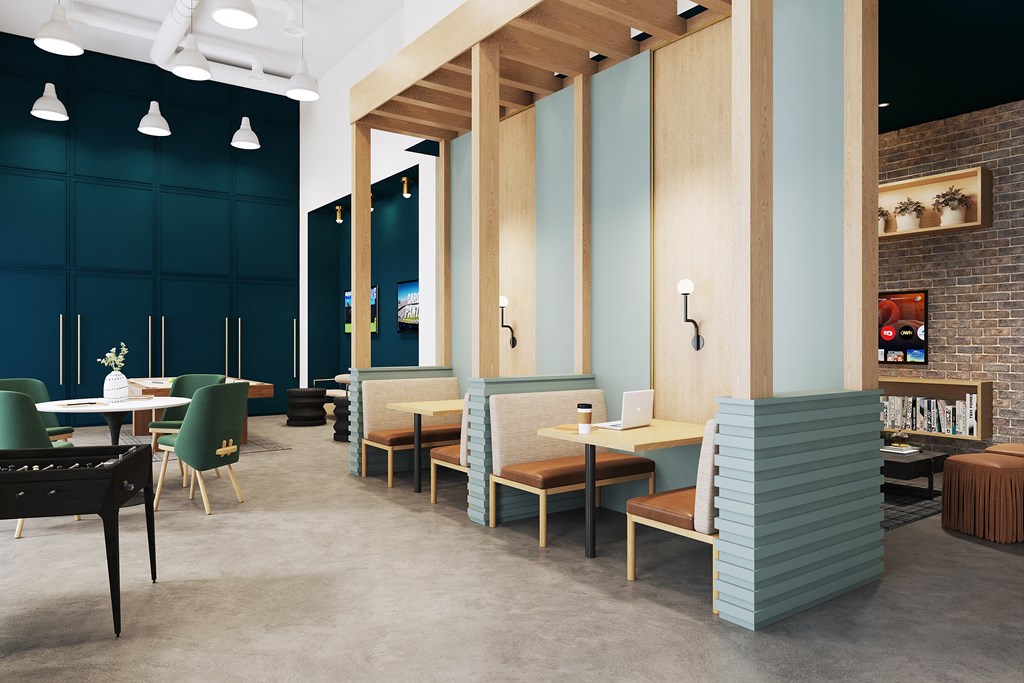 a room filled with furniture and a brick wall