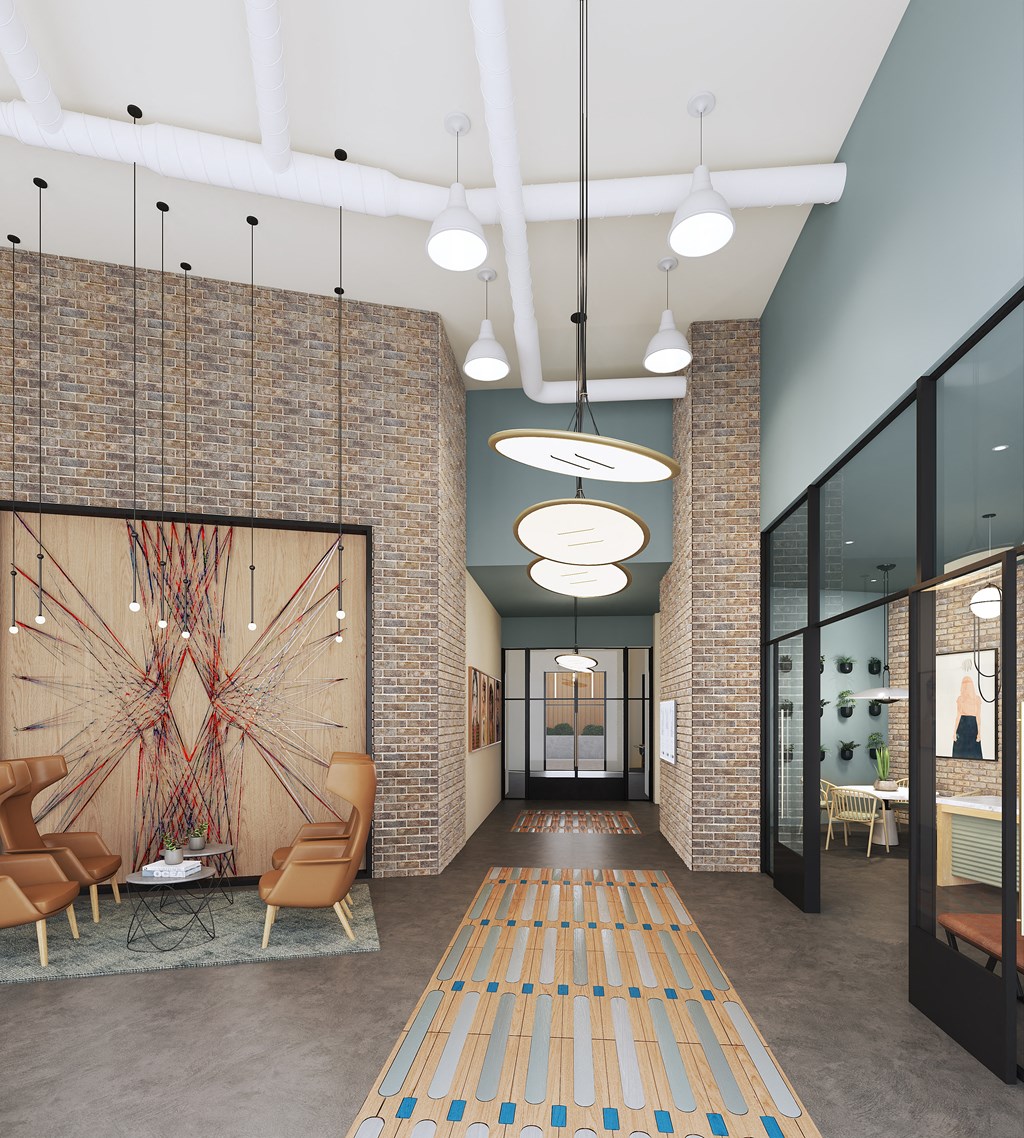 a rendering of a lobby with a rug and chairs