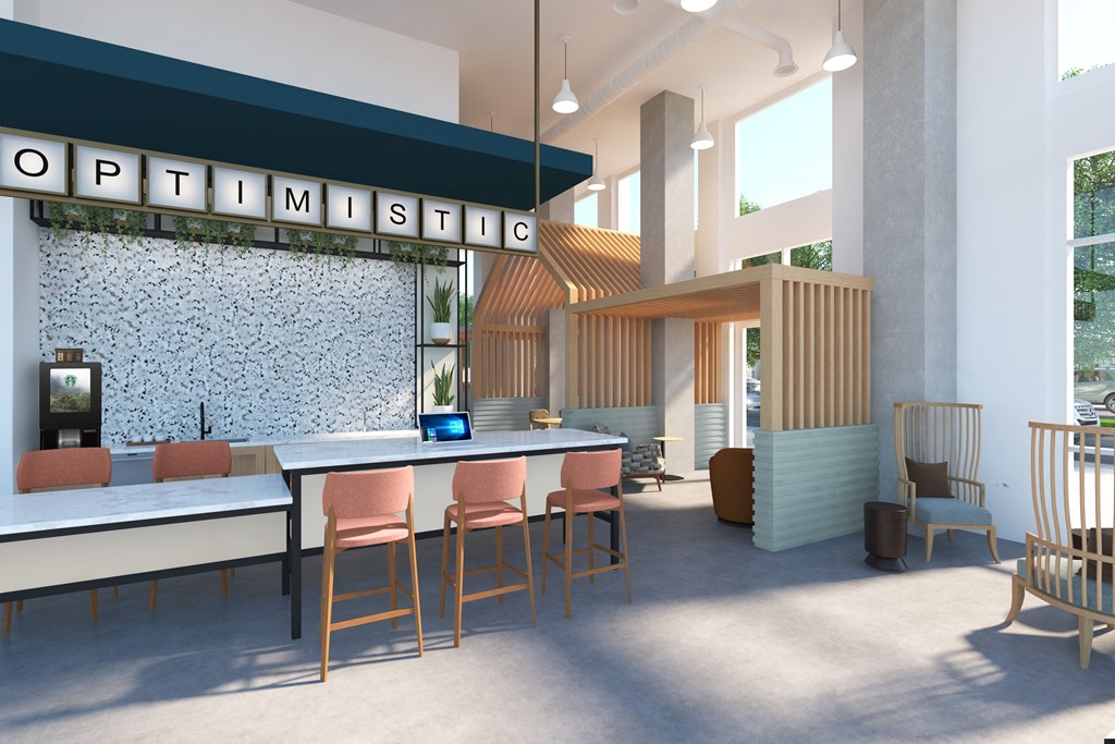 a rendering of a lobby with a bar and stools