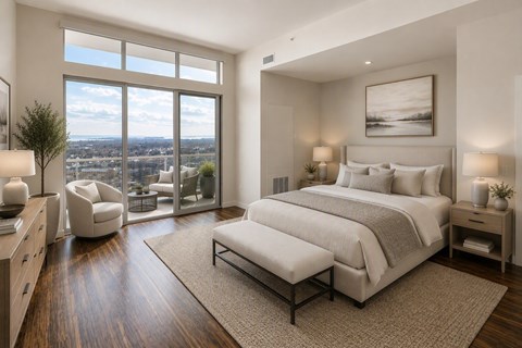 A bedroom with a large bed and a view of the city.
