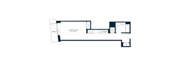 A floor plan of a room with a living/sleeping area, a terrace, a bathroom, a laundry room, and a cloakroom.