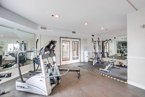 A gym with a treadmill and other exercise equipment.