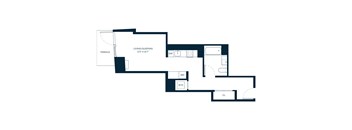 A floor plan of a house with a living/sleeping area, bathroom, kitchen, and closet.