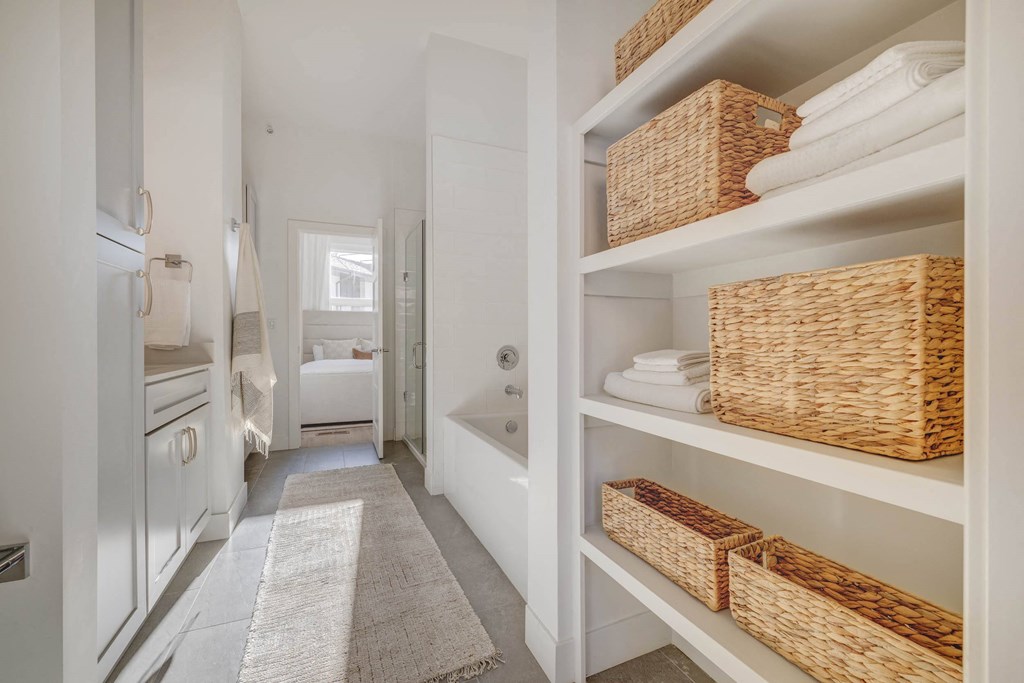 Bathroom with storage shelves