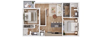 A top-down view of a small apartment layout with a kitchen, living room, and bathroom.