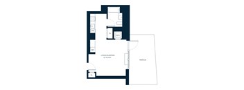A floor plan of a living space with a living/sleeping area and a terrace.