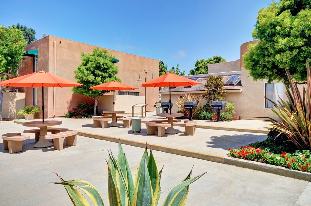 A sunny day at the outdoor seating area of a restaurant with orange umbrellas and benches.