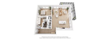 A 3D floor plan of a house with a kitchen, living room, and bathroom.