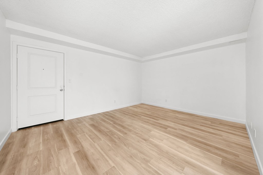 an empty room with white walls and wood flooring