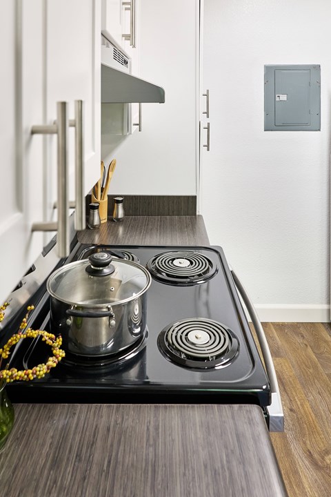 A modern kitchen with a black stove top and a wooden counter.